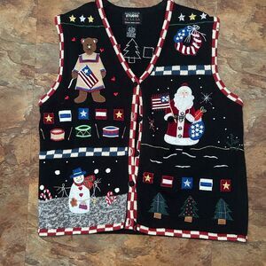 Designers Studio L Patriotic Bear Santa Ugly Christmas Sweater Vest